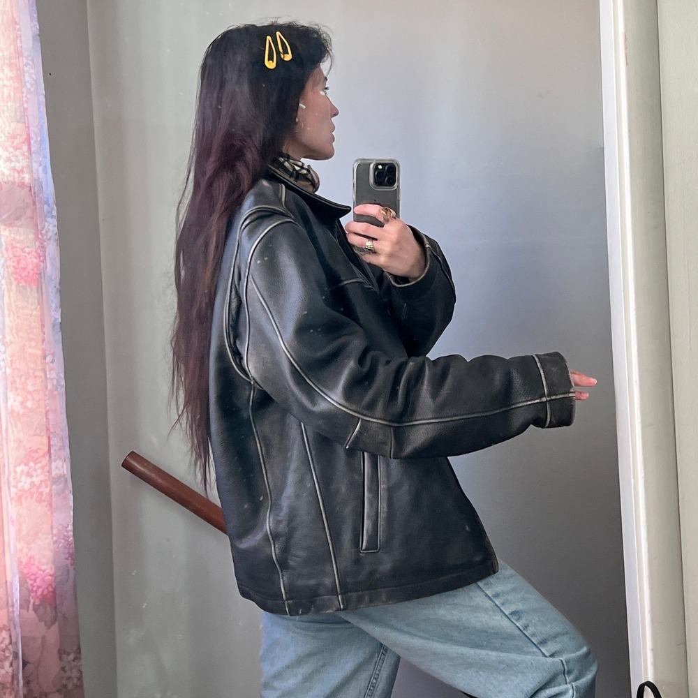 Vintage‎ Eddie Bauer Leather Bomber Jacket Black Distressed Oversized Zip Coat